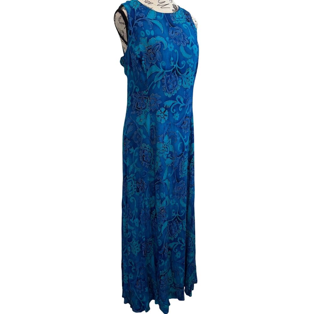 Vintage Sheri Martin New York Maxi Dress Size 10 Blue Floral Tie Back 90s Rayon